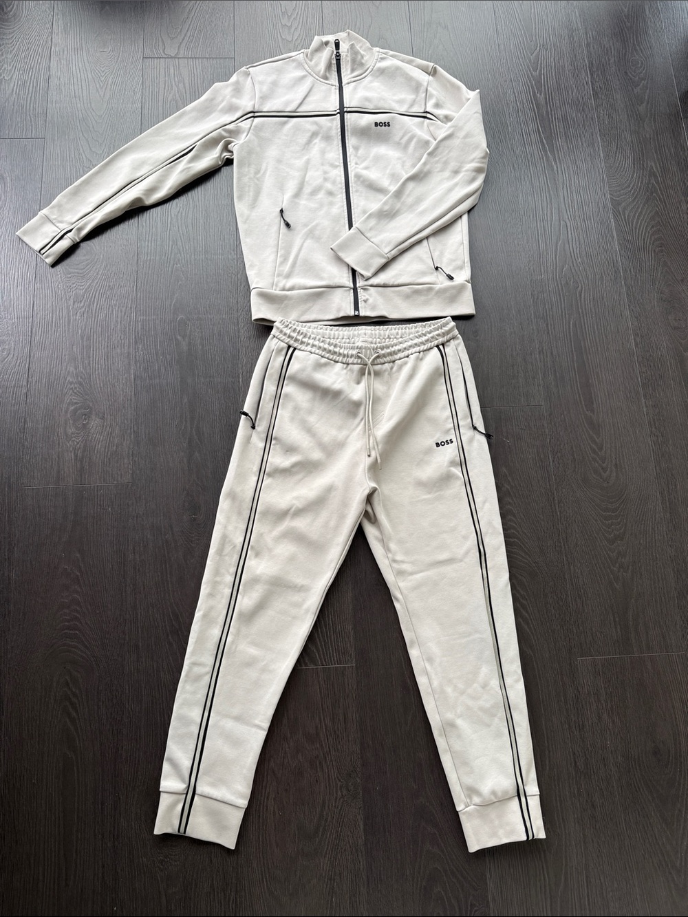 BOSS Cream Track Jacket & Joggers Set with Black Piping